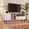 LeisureMod Rochester Mid-Century Modern Rectangular TV Stand with Enclosed Storage and Powder Coated Iron Legs for Living Room and Bedroom, White view 3