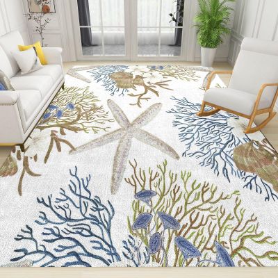 WILARE Large Area Rugs 7x10ft, Coastal Nautical Beach Ocean Themed Kids Rugs, Starfish Coral Seashell Print Rug Non-Slip Fun Gifts for Kids, for Living Room Kids Bedroom Playroom Nursery
