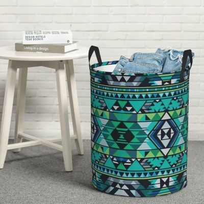 Blue and green geometric Laundry Basket with Handle Waterproof Laundry Hamper Portable Circular Dirty Clothes Hamper Foldable Storage Basket Lightweight Organizer Basket for Bathroom Bedroom