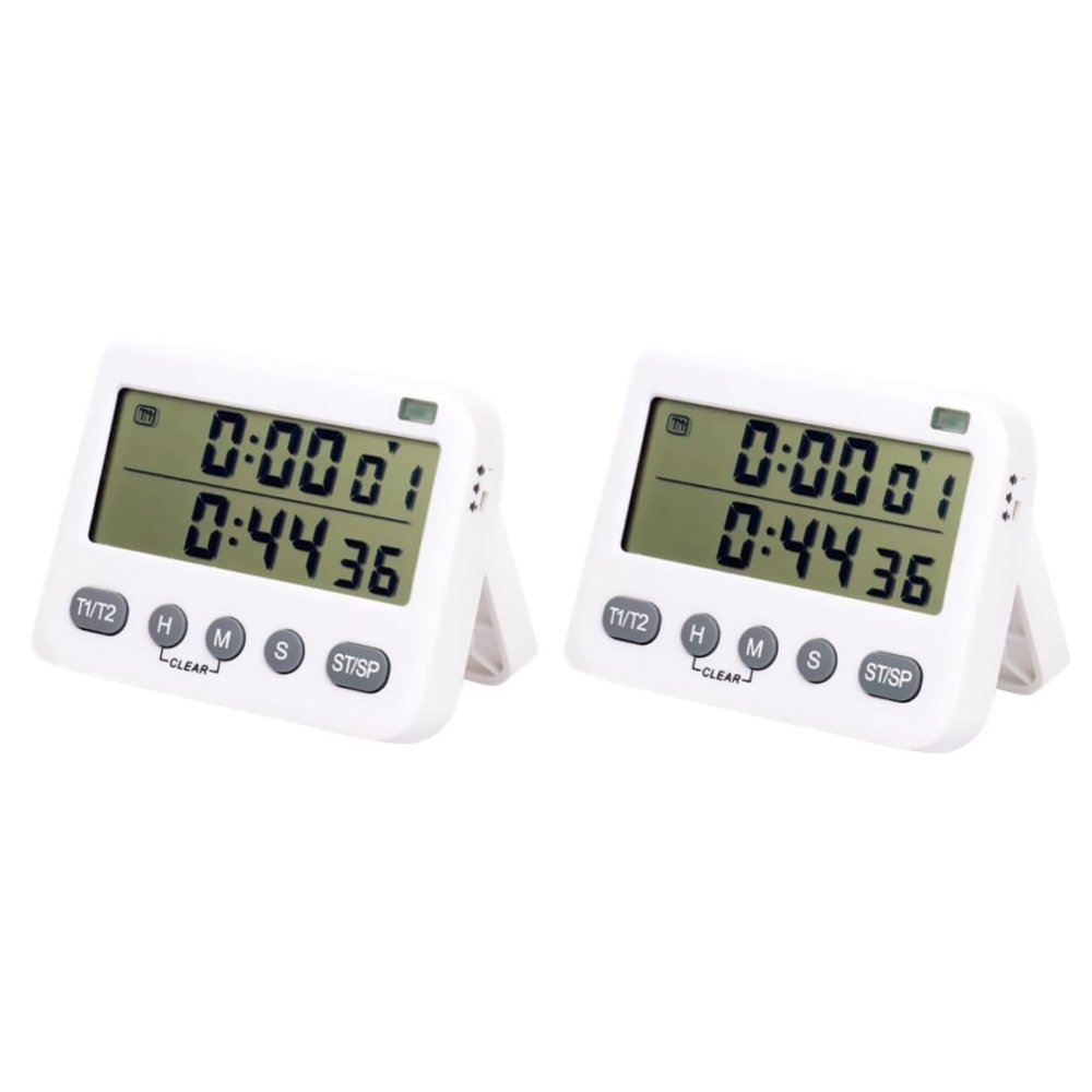 Hemoton 2pcs Double Screen Digital Kitchen Timer Loud Alarm Countdown and Timer for Cooking and Laboratory Use Magnetic Backing No Battery Required White