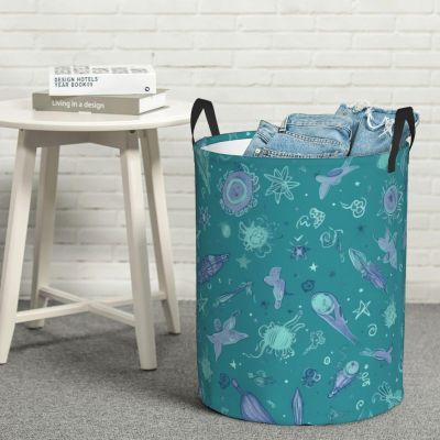 Aqua blue space pattern Laundry Basket with Handle Waterproof Laundry Hamper Portable Circular Dirty Clothes Hamper Foldable Storage Basket Lightweight Organizer Basket for Bathroom Bedroom
