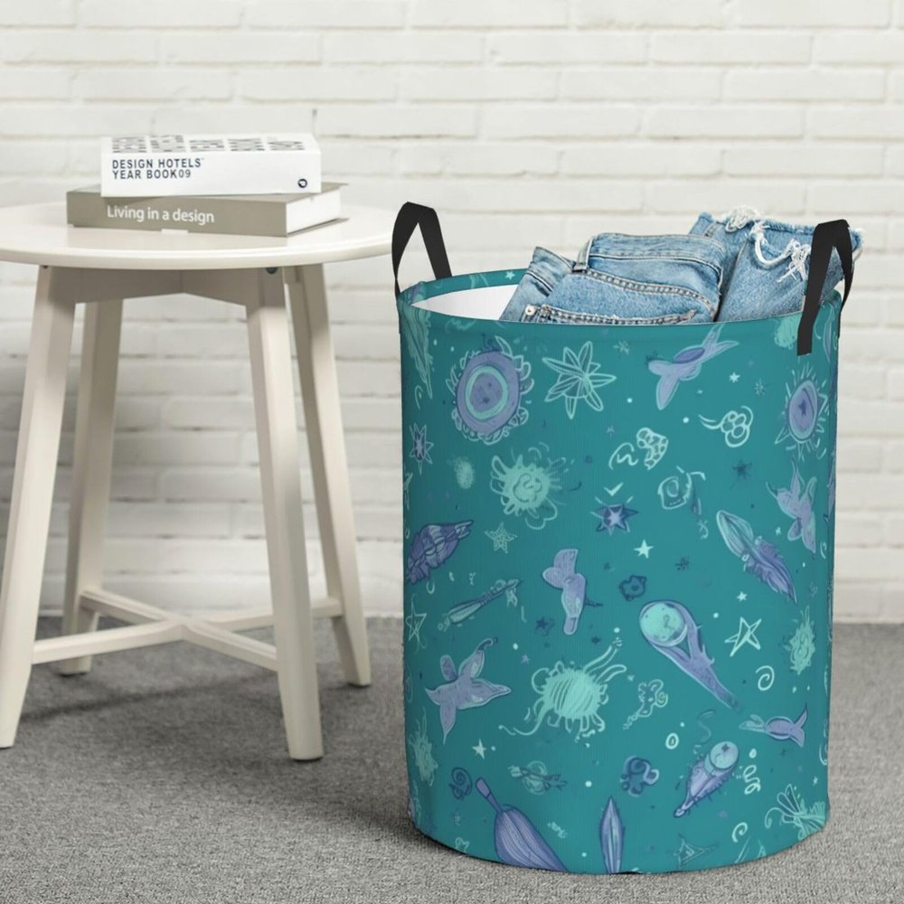 Aqua blue space pattern Laundry Basket with Handle Waterproof Laundry Hamper Portable Circular Dirty Clothes Hamper Foldable Storage Basket Lightweight Organizer Basket for Bathroom Bedroom