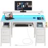 Seventable Computer Desk 55.1" with LED Lights & Power Outlets, Home Office Desk with 4 Drawers, Writing Desk with Keyboard Tray, Study Table with Monitor Stand, Work for Home Office, White view 1