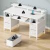 Seventable Computer Desk 55.1" with LED Lights & Power Outlets, Home Office Desk with 4 Drawers, Writing Desk with Keyboard Tray, Study Table with Monitor Stand, Work for Home Office, White view 3