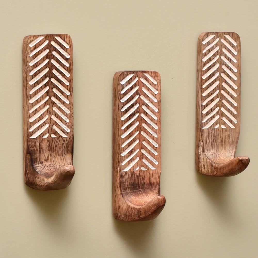 Indian Shelf 3 Decorative Wood Adhesive Wall Hooks No Drill - Arrow Leaf