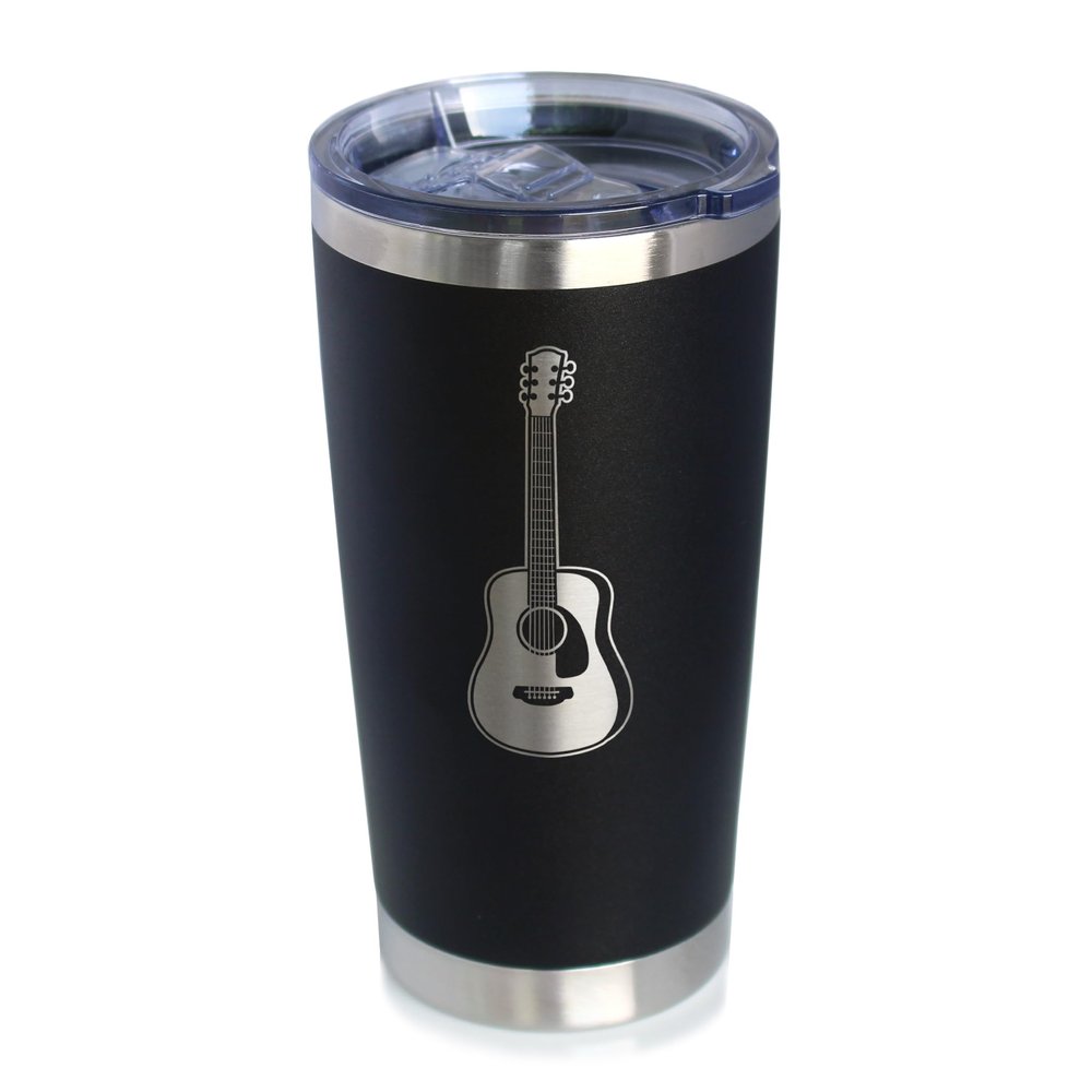 Acoustic Guitar - Insulated Coffee Tumbler Cup with Sliding Lid - Stainless Steel Travel Mug - Guitarist Gifts for Women and Men Musicians - Black