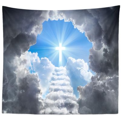 Loccor Cross Tapestry Stairway to Heaven Tapestry Wall Hanging Heaven Clouds Holy Jesus Cross Wall Hanging Religous Church Decor Home Bedroom,Living Room Artistic Decor 70L x 47W