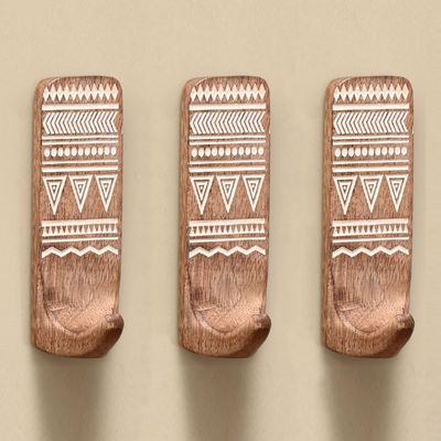 Indian Shelf Boho Decorative Wood Adhesive Wall Hooks for Hanging Coats, Keys, Leash, Hat, Towel Holder, Cute Sticky Key Holder, White Brown Western Wall Dcor (3 Hooks 6 Strips)