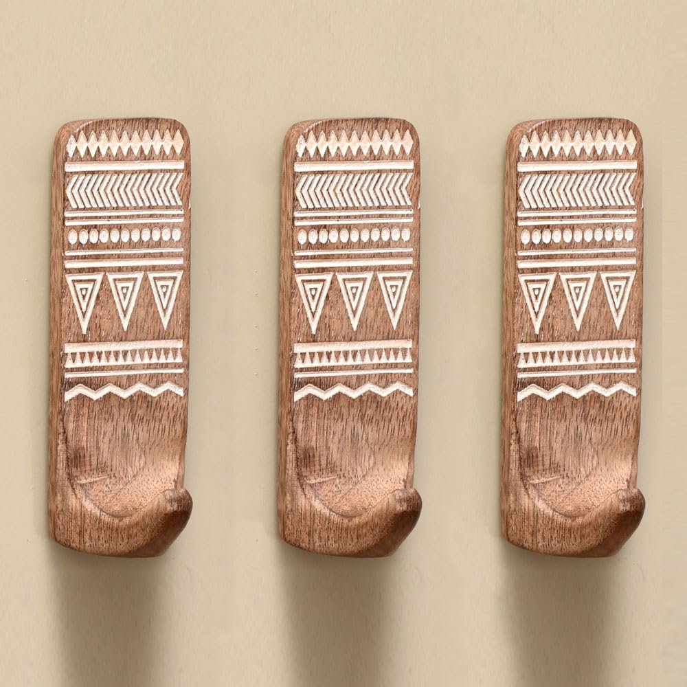 Indian Shelf Boho Decorative Wood Adhesive Wall Hooks for Hanging Coats, Keys, Leash, Hat, Towel Holder, Cute Sticky Key Holder, White Brown Western Wall Dcor (3 Hooks 6 Strips)
