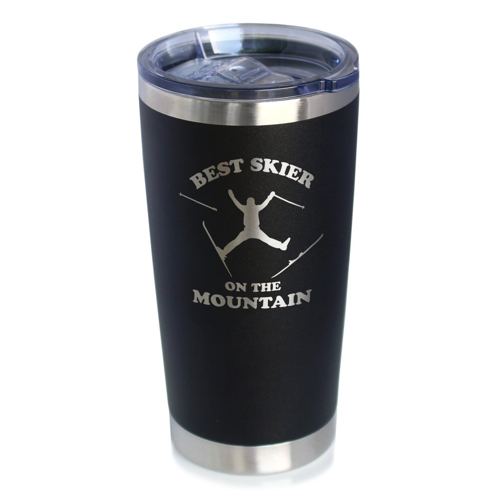 Best Skier On The Mountain - Insulated Coffee Tumbler Cup with Sliding Lid - Stainless Steel Travel Mug - Fun Skiing Gifts and Decor for Skiers - Black