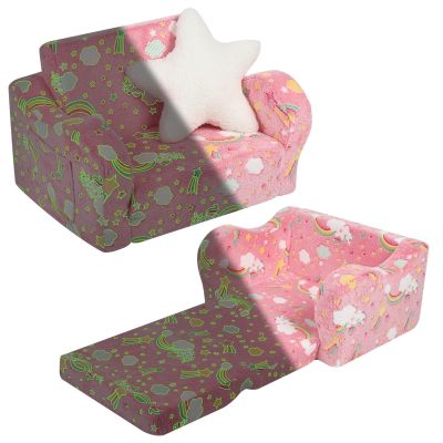 MOMCAYWEX Toddler Couch, 2-in-1 Kids Soft Couch Fold Out with Star Pillow, Foldable Sofa to Lounger, Medium, Rainbow Glow in The Dark