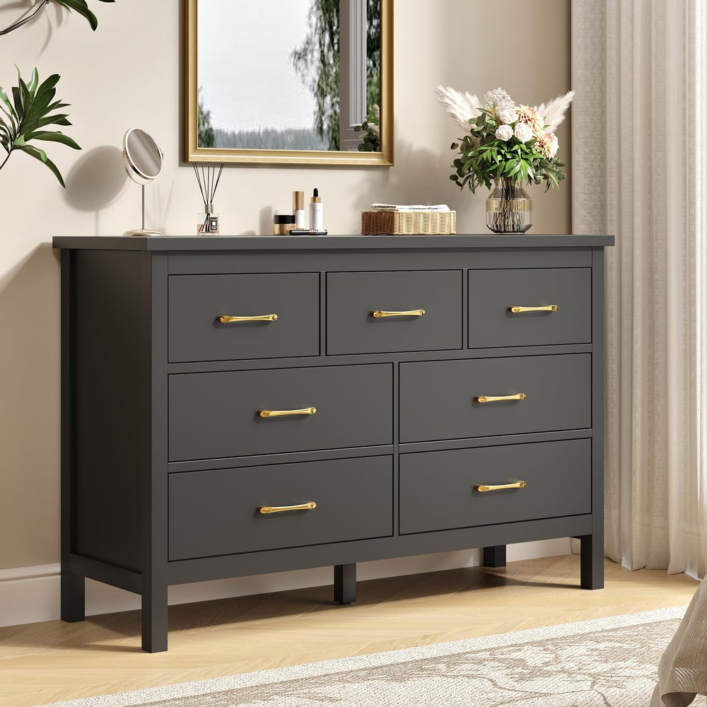 Tradare Black Dresser for Bedroom, 7 Drawer Wood Double Dresser with Golden Handles, Wide Chest of Organizer Storage Drawers for Living Room, Hallway, Entryway