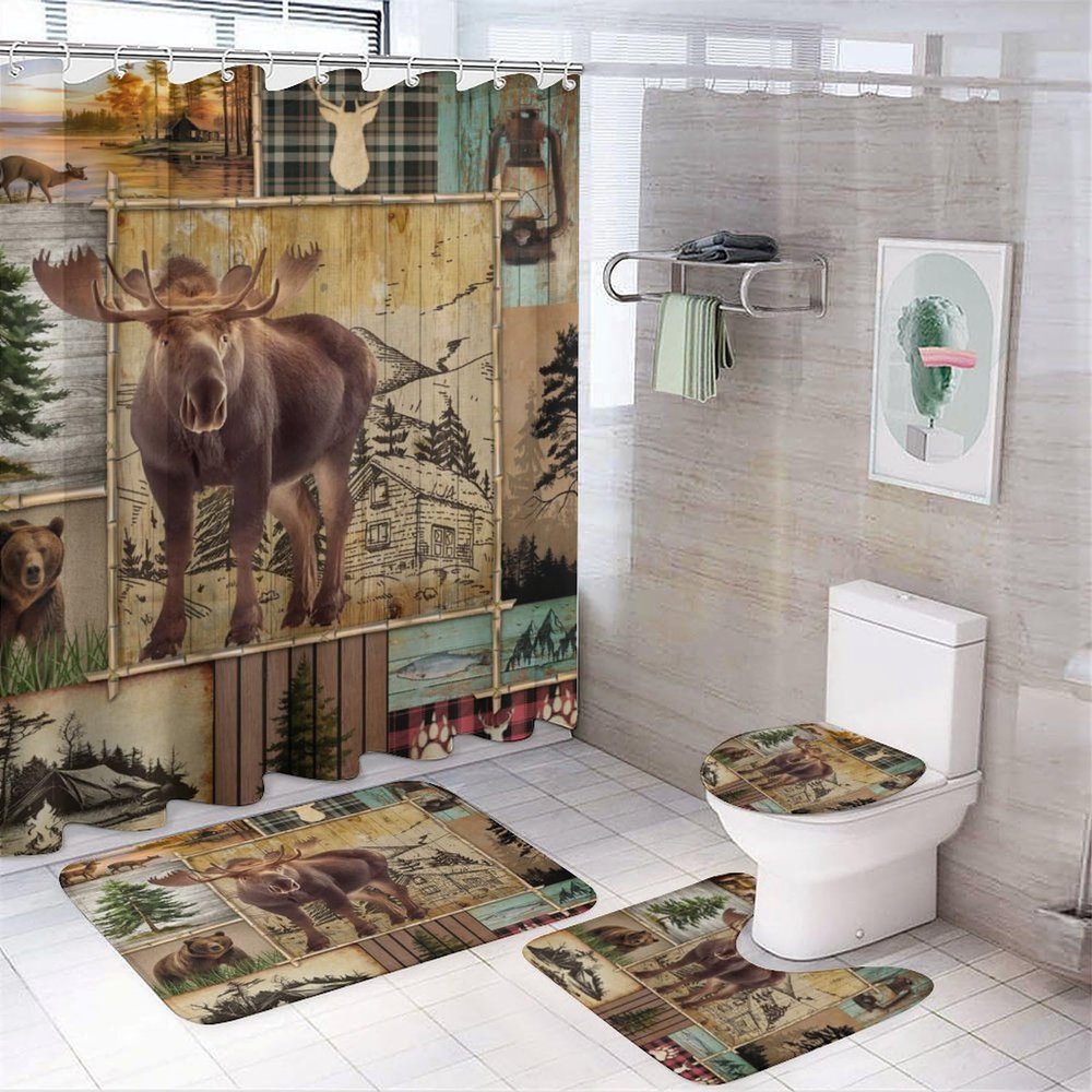 Brebasf Rustic Cabin Hunting Theme Elk 4 Pieces Shower Curtain Set, Vintage Fall Forest Animal Bear Deer Non-Slip Rugs Toilet Lid Cover Bath Mat and Bathroom Curtain