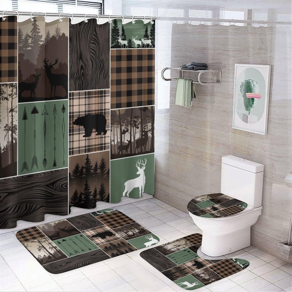 FBMLBRB Brebasf Cabin Hunting Theme Deer 4 Pcs Waterproof Shower Curtain Set,Rustic Plaid Arrow Wood Boards Forest Animal Bear with Waterproof Toilet Cover Shower Mat Rugs