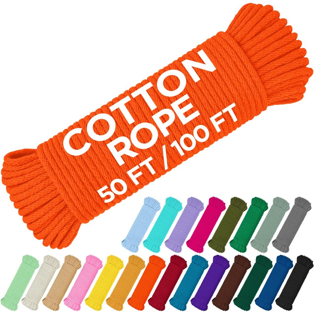 TECEUM Cotton Rope 3/16 (5 mm)  100 FT  Strong All-Purpose Braided Rope  Natural Cotton  for Crafting, amping, Clothes Line, DIY, Indoor & Outdoor Use  Orange