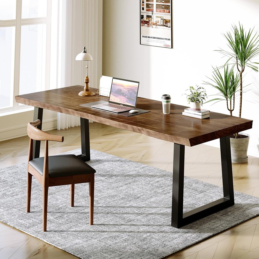 SXXjiaju Solid Wood Desk 55 inches, Home Office Computer Desk Wooden Rustic Writing Desk Metal Modern Simple Design Executive Real Wood Desk(Dark Brown)