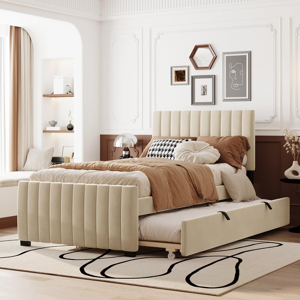 CITYLIGHT Velvet Upholstered Twin Bed with Trundle Bed Under Twin Size Platform Bed with Headboard for Kids' Bedrooms, Space-Saving Design, No Box Spring Required, Beige