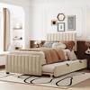 CITYLIGHT Velvet Upholstered Twin Bed with Trundle Bed Under Twin Size Platform Bed with Headboard for Kids' Bedrooms, Space-Saving Design, No Box Spring Required, Beige view 1
