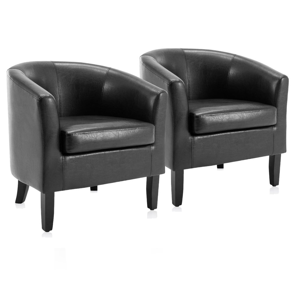 BELLEZE Accent Barrel Chair, Set of 2 Faux Leather Round Club Tub Sofa Corner Chair with Flared Legs and Cozy Soft Padding for Living Room Bedroom Waiting Room - Black