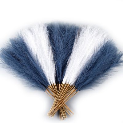 Acfruits 60Pcs Navy Blue and White Faux Pampas Grass Decor, 21.7" Pompas Grass Flower Arrangement and Vase Filler for Boho Home Wedding Decoration