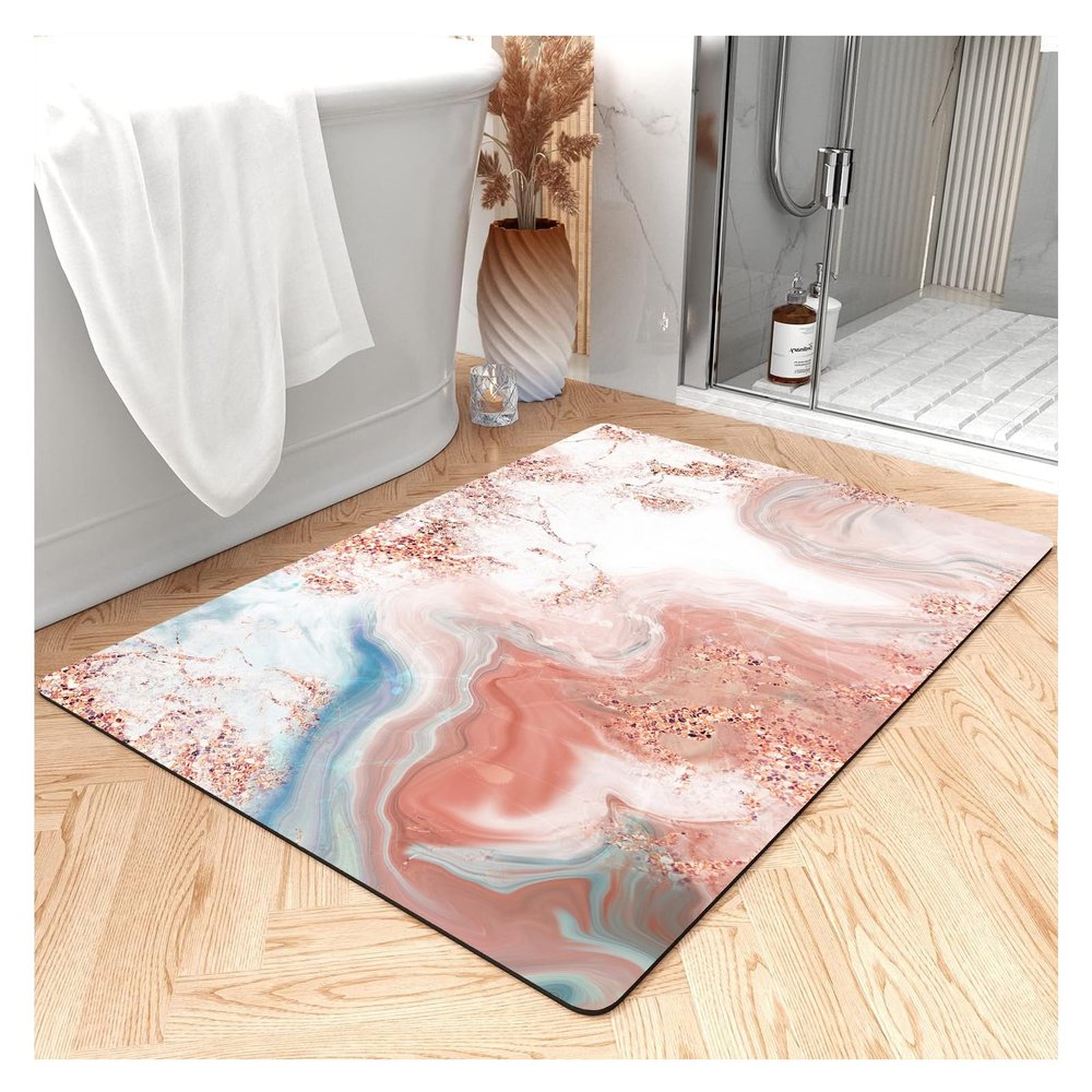 Bath Mat Rug, Super Absorbent Bath Mat Quick Dry Thin Bathroom Mats Non Slip Floor Mat Shower Rugs with Rubber Backing for Shower Sink Bathtub - 1.5x2.5ft/18x30in/45x75cm, Multi/Light Coral Rectangle