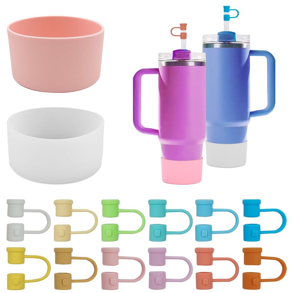 26 PCS Water Bottle Accessories, findTop 24 Straw Tip Covers (8mm) and 2 Silicone Cup Bottom Protectors, Compatible with Stanley 40oz Quencher Adventure and Hydroflask Boot 12-24oz