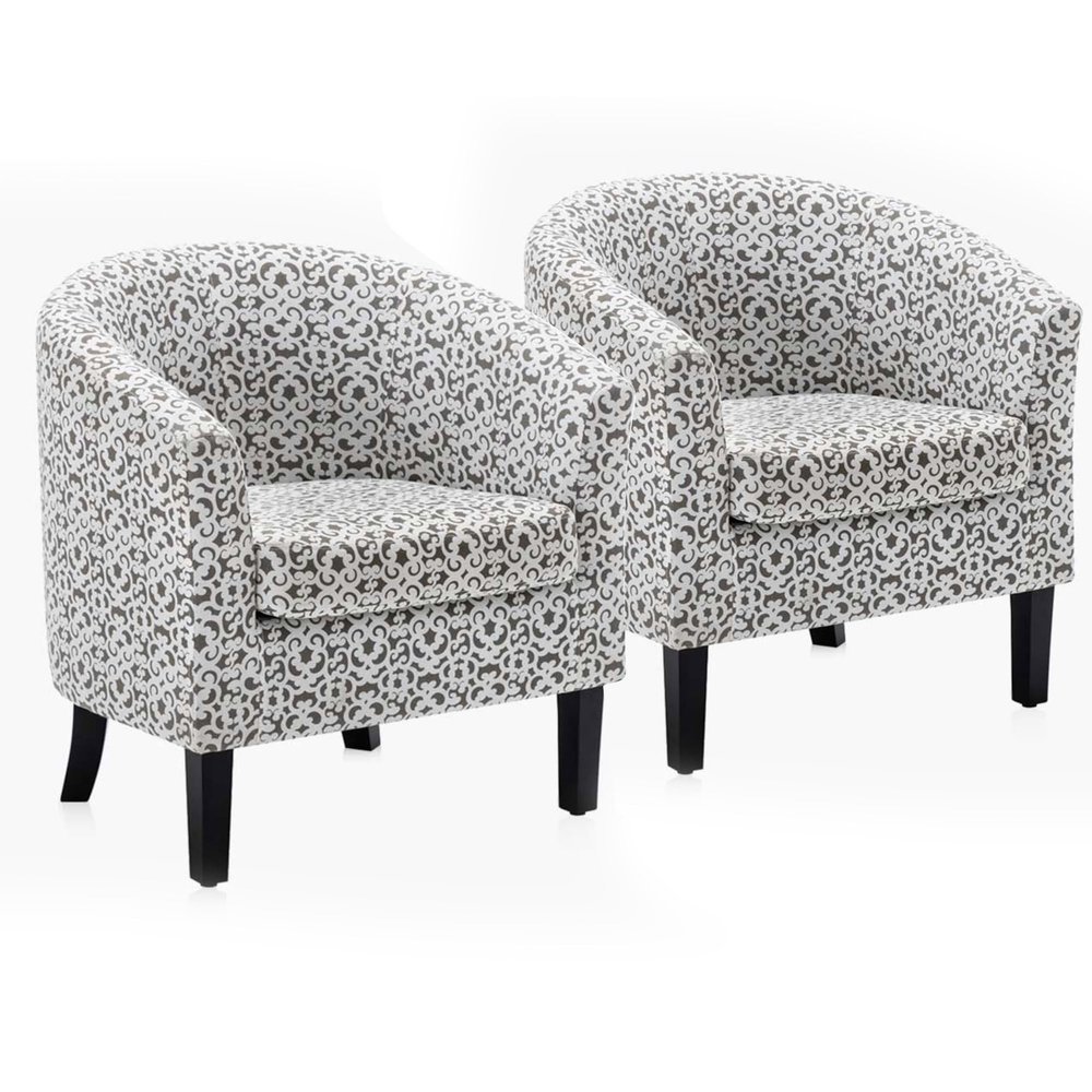 BELLEZE Accent Barrel Chair Set of 2, Linen Round Chair Club Tub Sofa Corner Chair with Flared Legs and Cozy Soft Padding for Living Room Bedroom Waiting Room - White & Brown