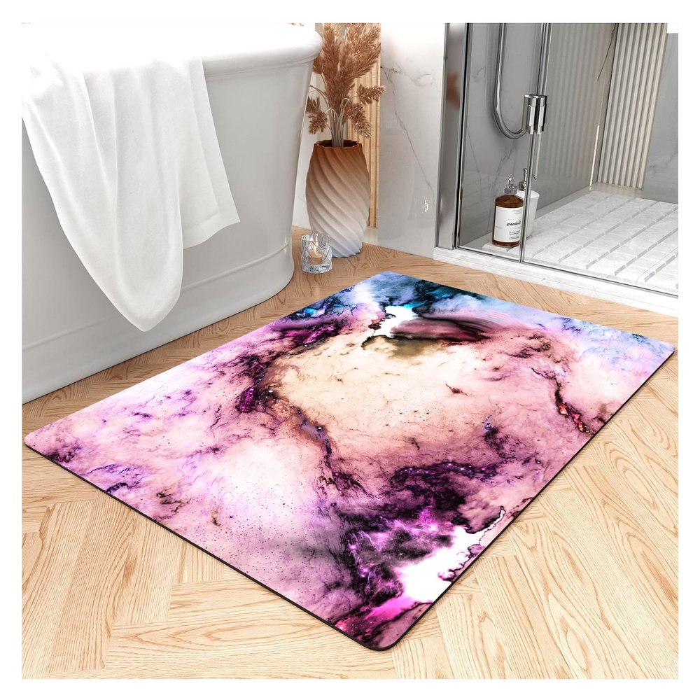 Home Bath Thin  Natural Diatomite Thin Bath Mat  Instantly Removes Water  Non-Slip Surface  Modern and Stylish  Colorful Abstract Nebula Marble Texture(4x5ft/48x60in, Violet/Multi)