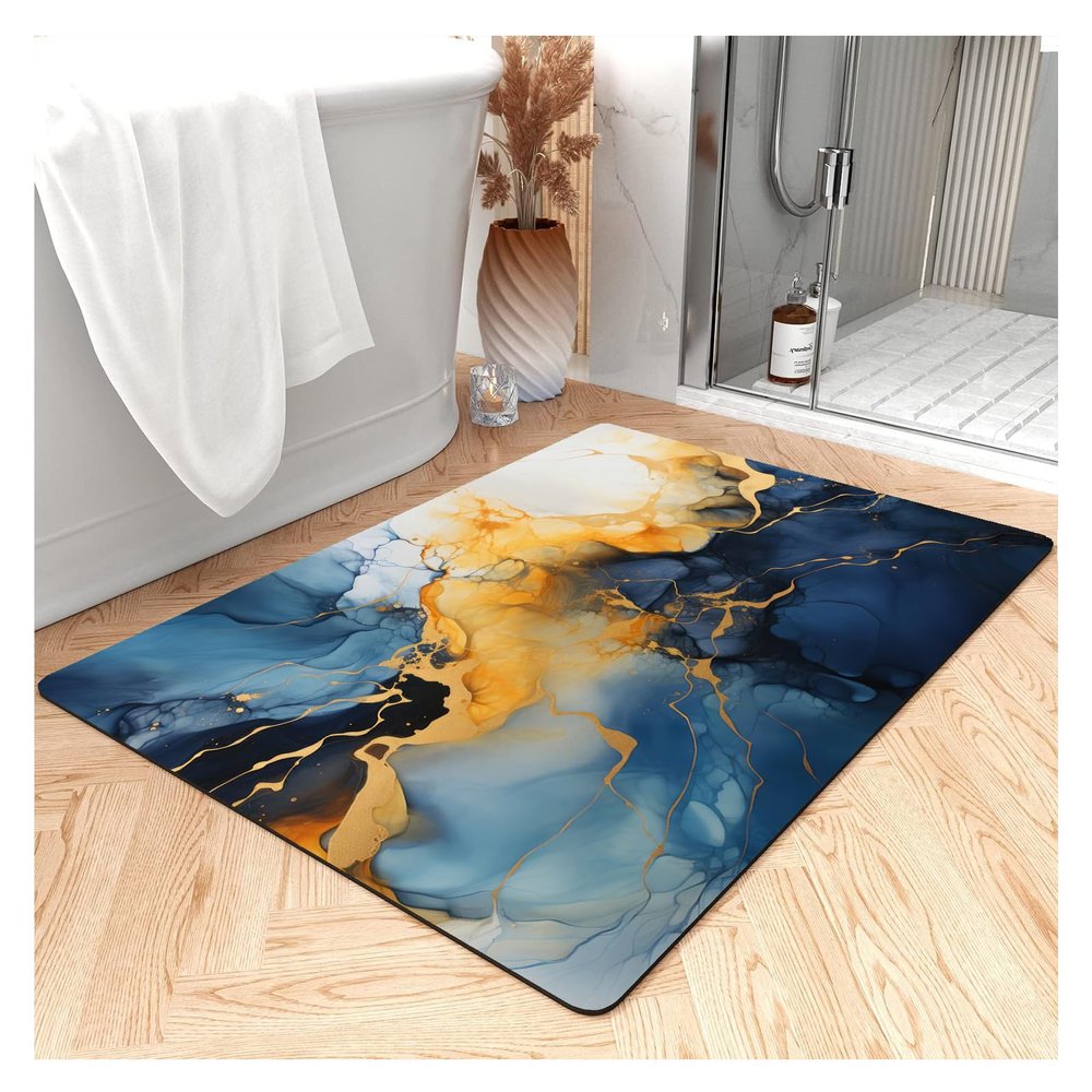 NEVKA Thin Bath Mat - Diatomaceous Earth Shower Mat, Non-Slip Super Absorbent Quick Drying Bathroom Floor Mat, Dark Abstract Marble Texture, Easy to Clean (3x5ft/36x60in/90x150cm Steel Blue/Gold)