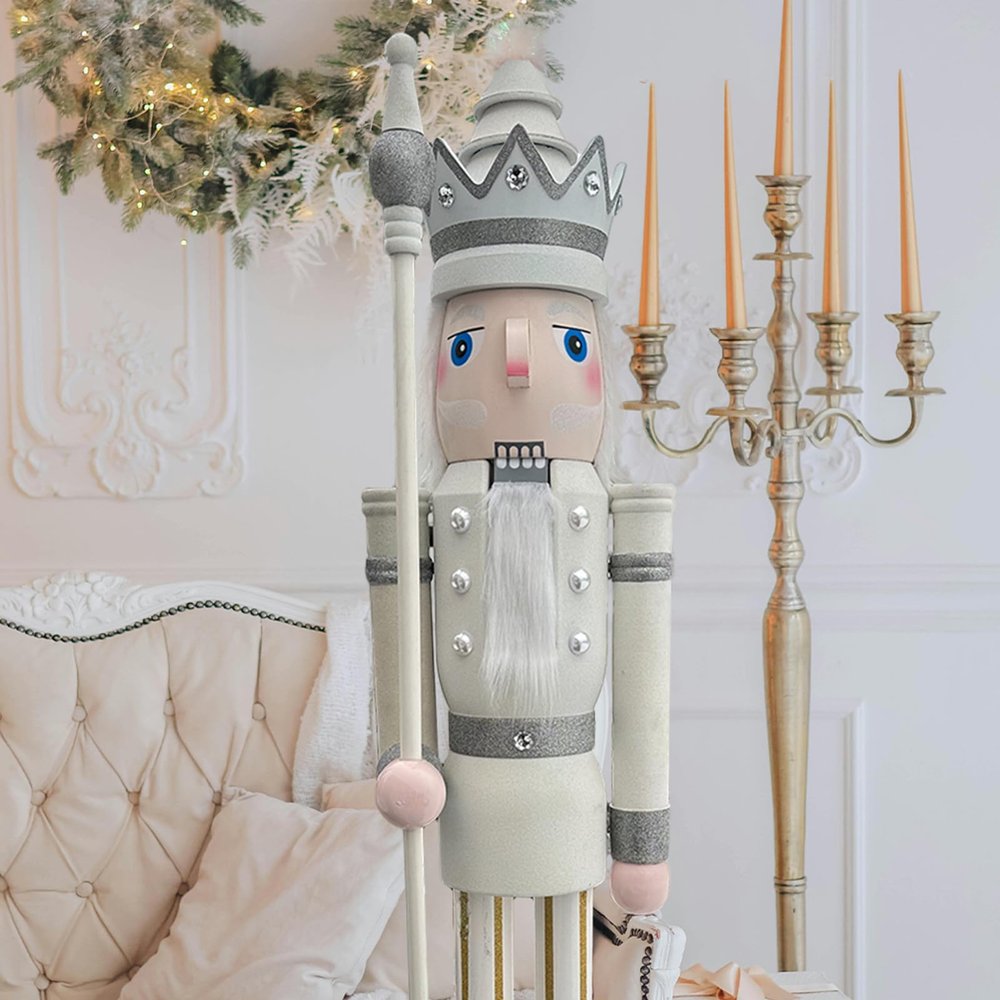 CDL 5 Feet Tall Life Size Large Christmas Wooden Nutcracker King White Glitter BK30