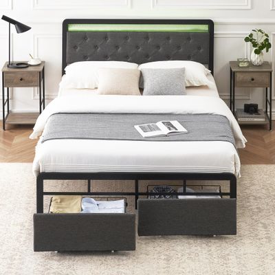 coucheta Queen Size Bed Frame with 2 Storage Drawers, LED Queen Platform Upholstered Bed Frame with Headboard, Mattress Foundation with Steel Slats Support, No Box Spring Needed