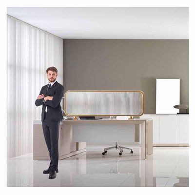 LXHELIVERY Restaurant Countertop Screen Partition Divider Striped Matte Tempered Glass Dividers for Dining Areas for Office Decorative, Desk,Public Areas (Color : GoldB, Size : 150x50cm)