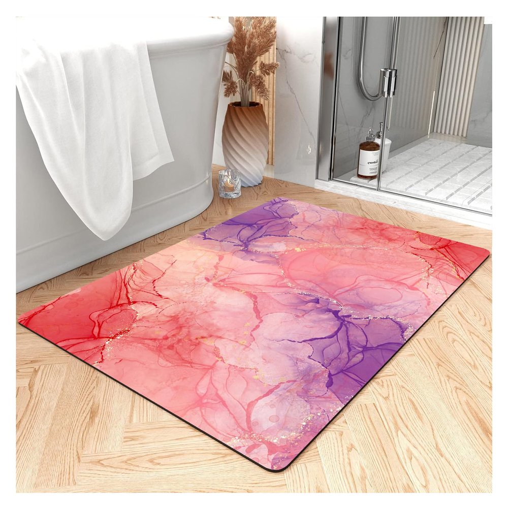NEVKA Fast Drying Thin Bath Mat Bathtub Mat | Diatomite Bathmat with Absorbent and Non-Slip Surface Easy to Clean | Colorful Marble Texture Bathroom Rug (3x5ft/36x60in/90x150cm, Pink/Medium Purple)