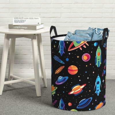 Spaceship pattern print Laundry Hamper with Handle Waterproof Collapsible Organizer Baskets Circular Dirty Clothes Organizer Basket Portable Storage Bin for Bathroom Bedroom Dorm