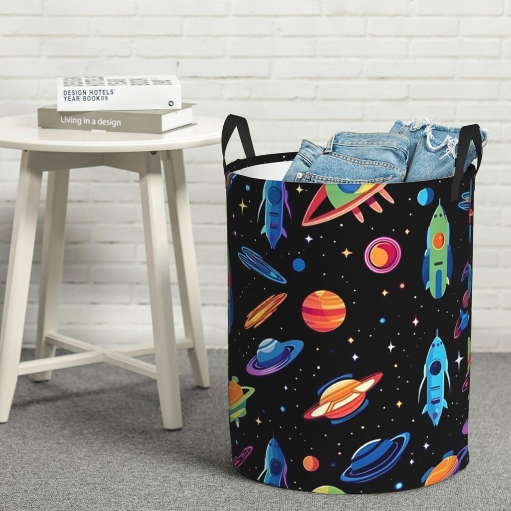 Spaceship pattern print Laundry Hamper with Handle Waterproof Collapsible Organizer Baskets Circular Dirty Clothes Organizer Basket Portable Storage Bin for Bathroom Bedroom Dorm