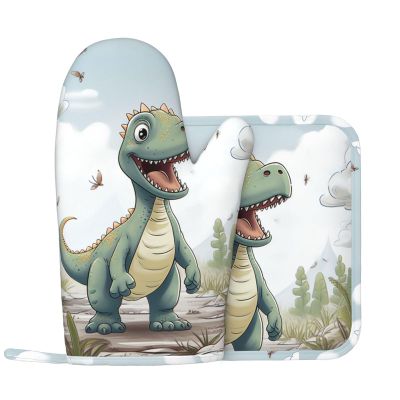 Dinosaur Walking Oven Mitts and Pot Holders 2 PCS for Kitchen Heat Resistant Non Slip Oven Gloves Hot Pads Funny Oven Mitt Potholder with Hanging Loop for Cooking Grilling Baking BBQ Kitchen Decor