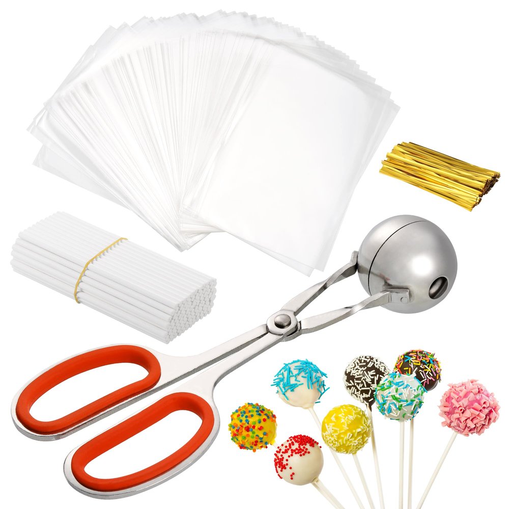 JIANTA Lollipop Cake Pop Treat Bag Set, Meat Baller with Handles + 100 Parcel Bags + 100 Papery Treat Sticks + 100 Metallic Twist Ties, Cake Pops Making Tools for Candies, Chocolates and Cookies
