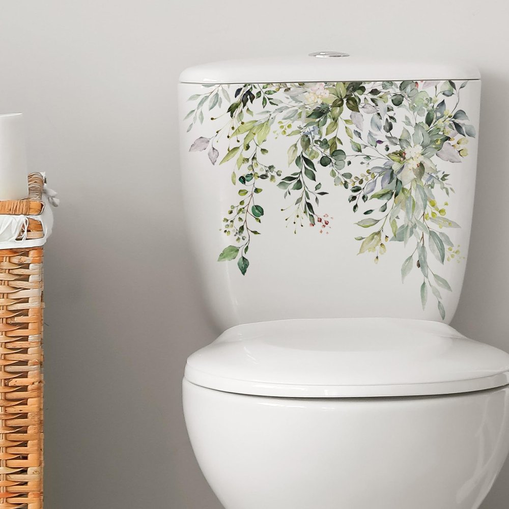 Green Plant Leaves Flowers Toilet Seat Lid Stickers Self-Adhesive Bathroom Wall Stickers Leaf Floral Toilet Lid Decals DIY Removable Waterproof Sticker for Bathroom Cistern Decor Toilet Accessories