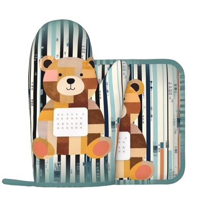 Bear and Barcode Oven Mitts and Pot Holders 2 PCS for Kitchen Heat Resistant Non Slip Oven Gloves Hot Pads Funny Oven Mitt Potholder with Hanging Loop for Cooking Grilling Baking BBQ Kitchen Decor