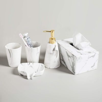 Ceramic Bathroom Accessory Set, Marble Look Modern Design Bath Countertop Sets Lotion Dispenser, Soap Dish, Tumbler, Toothbrush Holder, Hygienic Paper Box, Tray (Gold B)