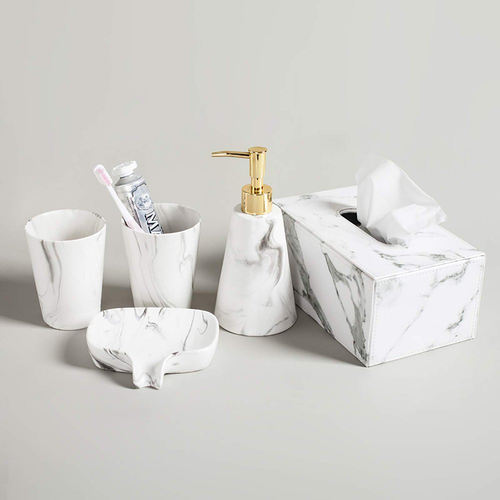 Ceramic Bathroom Accessory Set, Marble Look Modern Design Bath Countertop Sets Lotion Dispenser, Soap Dish, Tumbler, Toothbrush Holder, Hygienic Paper Box, Tray (Gold B)