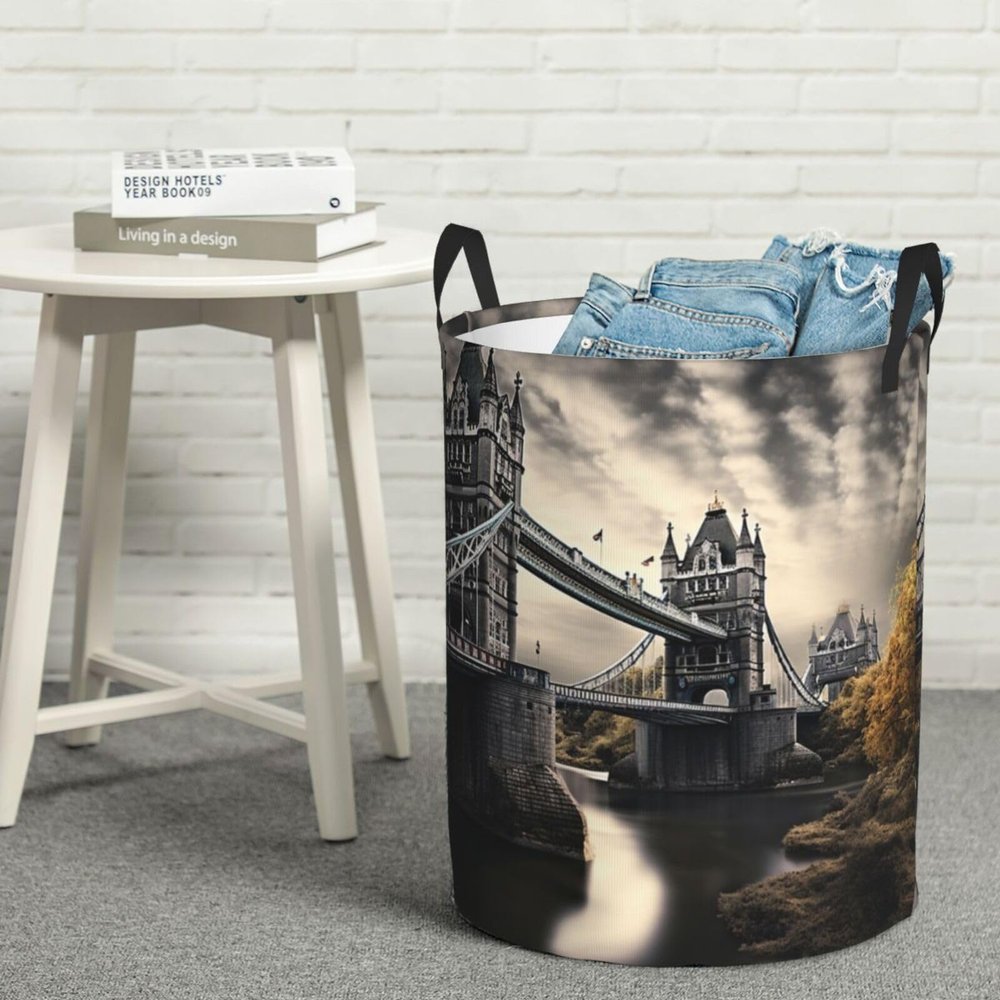 Spectacular Bridge print Laundry Hamper with Handle Waterproof Collapsible Organizer Baskets Circular Dirty Clothes Organizer Basket Portable Storage Bin for Bathroom Bedroom Dorm