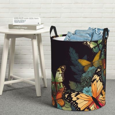 Beautiful Butterfly print Laundry Hamper with Handle Waterproof Collapsible Organizer Baskets Circular Dirty Clothes Organizer Basket Portable Storage Bin for Bathroom Bedroom Dorm