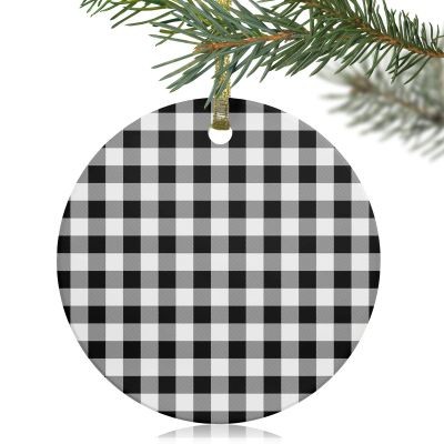 2024 Christmas Ornament Xmas Tree Hanging Accessories,Black Checker Country Style Christmas Tree Round Ceramic Ornaments for Holiday Party Home Decor,Modern Simple Grid Geometry