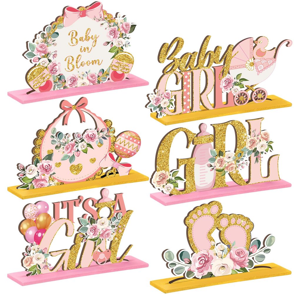 6 Pcs Floral Baby Shower Table Decoration Baby in Bloom Wooden Centerpiece It's a Girl Gender Reveal Table Display with Letters Pink Rose Gold Flower Decor for Girl Birthday Spring Party Nursery Decor