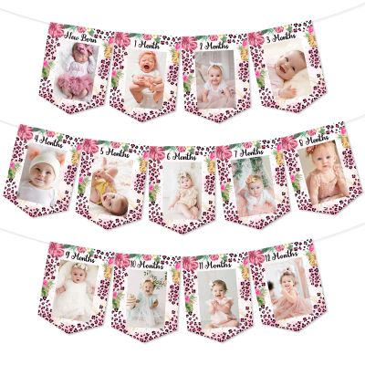 Fangleland Pink Leopard Printed Photo Banners - 1st Cheetah Themed Birthday Party Decorations, First Bday Party Baby Shower Favors for Newborn to 12 Months Girls