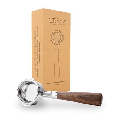 CREMA Coffee Products 58mm Bottomless Naked Portafilter | Compatible with 58mm for E61 | Includes Double Shot Filter Basket | Walnut