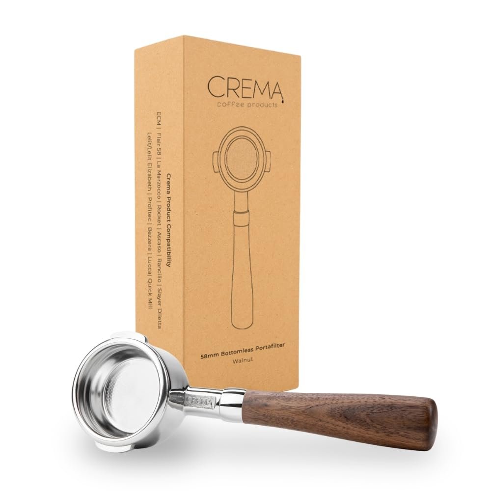 CREMA Coffee Products 58mm Bottomless Naked Portafilter | Compatible with 58mm for E61 | Includes Double Shot Filter Basket | Walnut