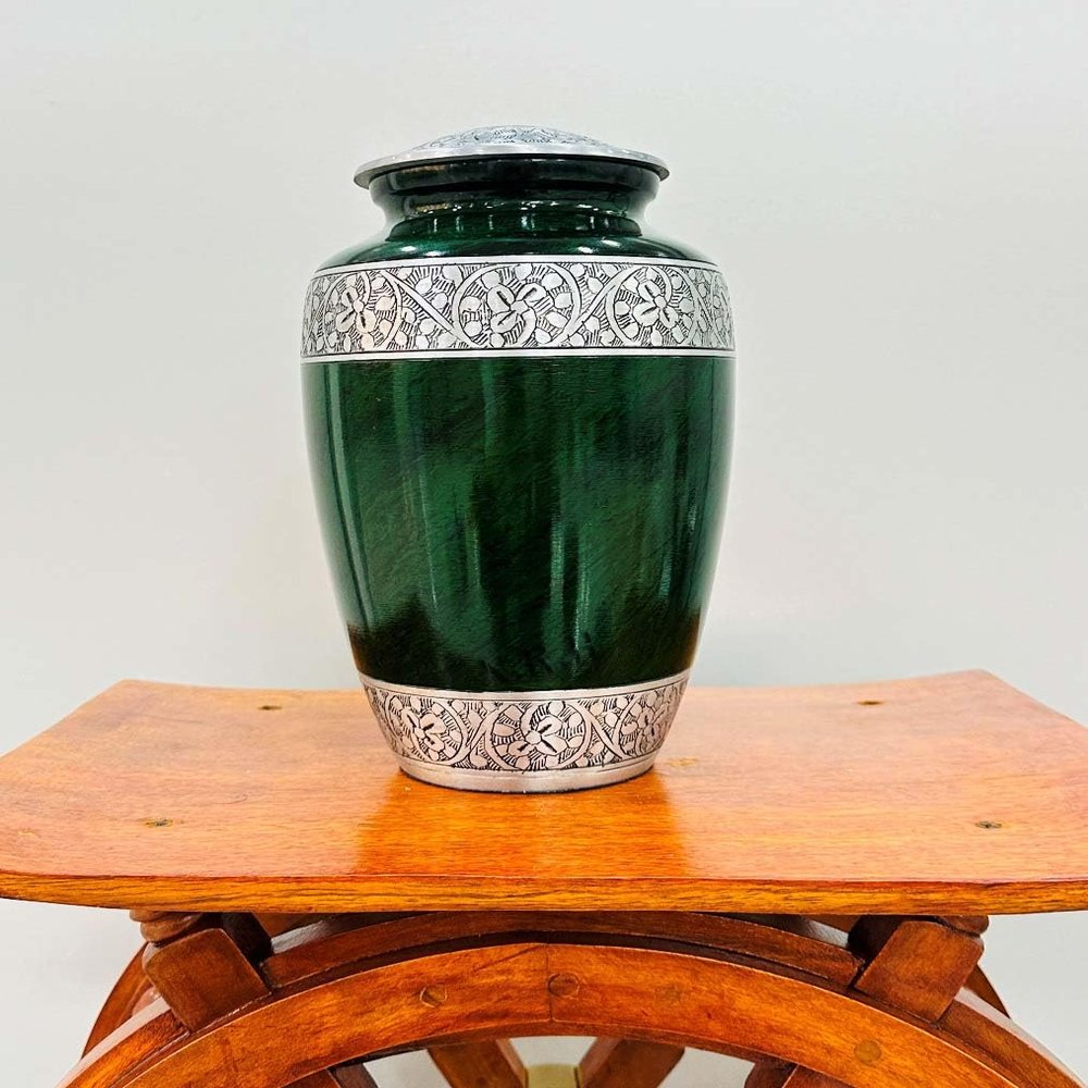 Classic Forest Silver Bands Cremation Urn Adult Human Ashes Large Handcrafted Funeral Memorial Urn with Striking Green Design Cremation Urn