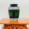 Classic Forest Silver Bands Cremation Urn Adult Human Ashes Large Handcrafted Funeral Memorial Urn with Striking Green Design Cremation Urn view 1